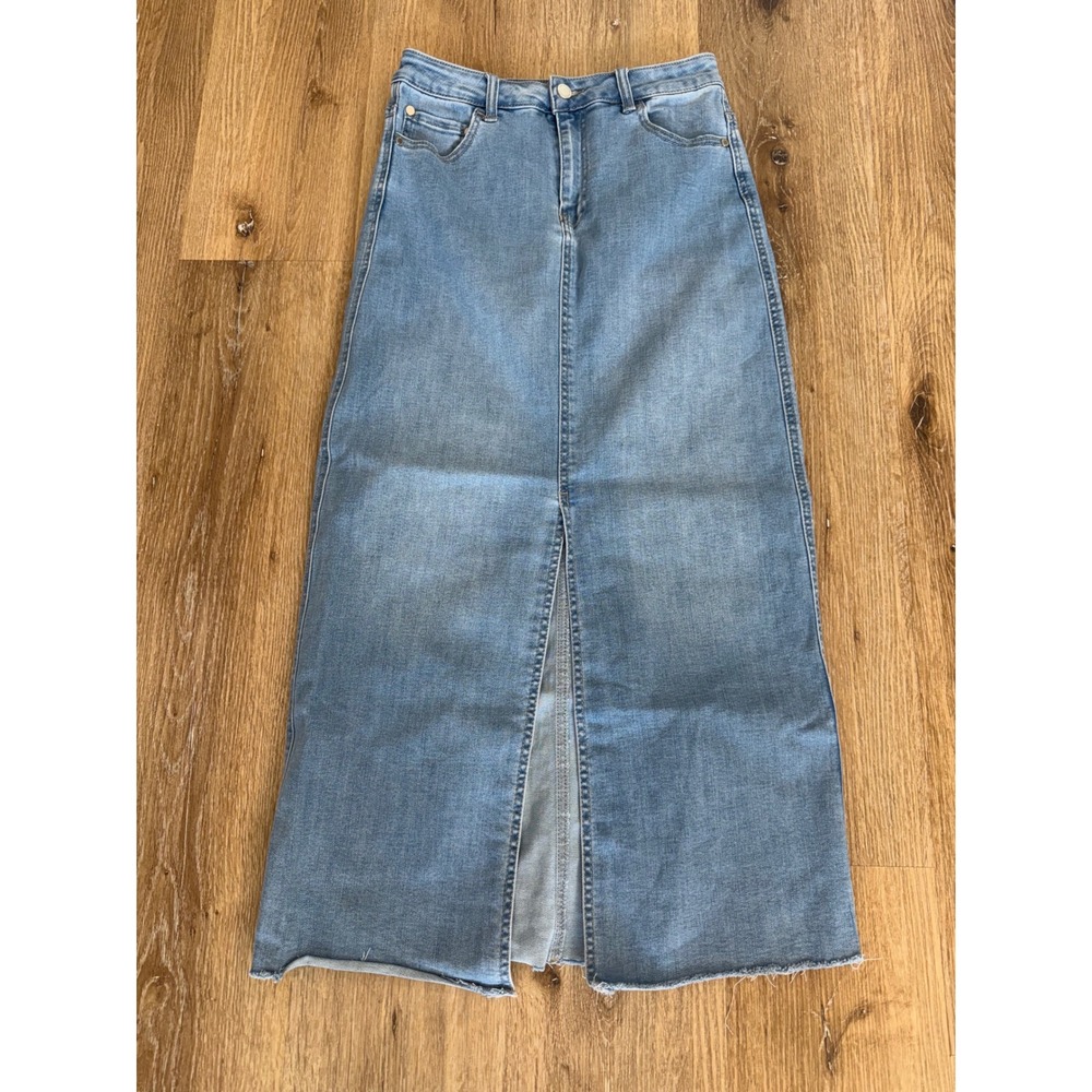 OAT New York Boho Denim Maxi Skirt Women 2/26 Light Blue High Rise Frayed Slit